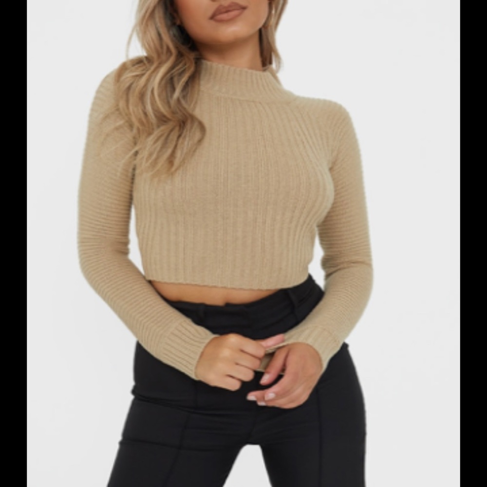 Pretty Little Thing - Petite Stone Knitted Long Sleeve Crop Top